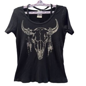 Vocal Y2K Skull Rhinestone Embellished Top Womens Size Large Black Biker Goth